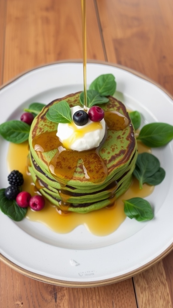 Stack of green spinach pancakes topped with yogurt and maple syrup on a rustic plate.